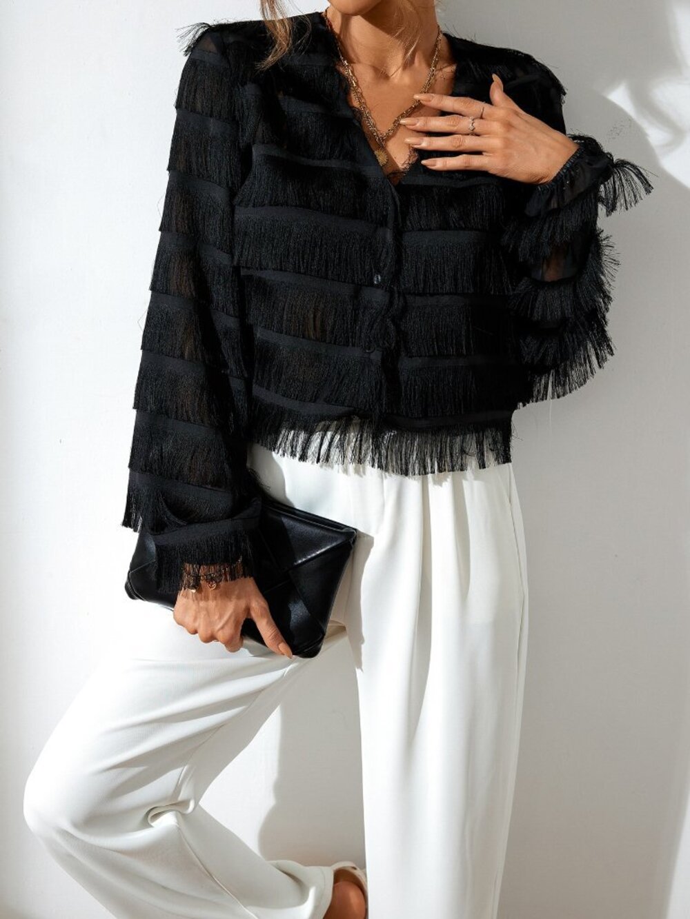Black Elegant Women's Fringe Trim Button Front Crop Blouse